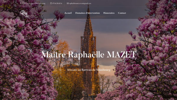 Capture d'écran du site web de Maitre Raphaelle Mazet. L'image contient des magnolias sur les bords et la cathédrale de Strasbourg au centre.